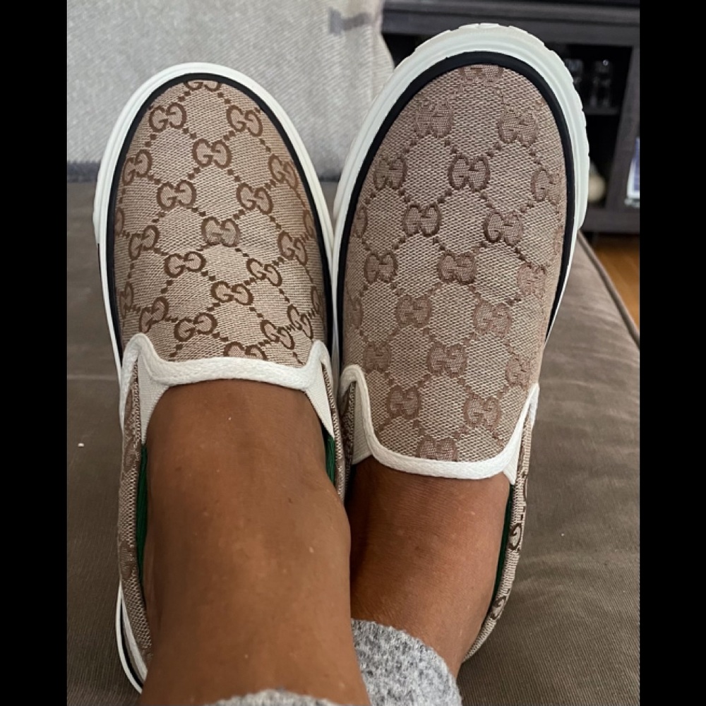 Gucci Beige Monogram Slip-On Sneakers